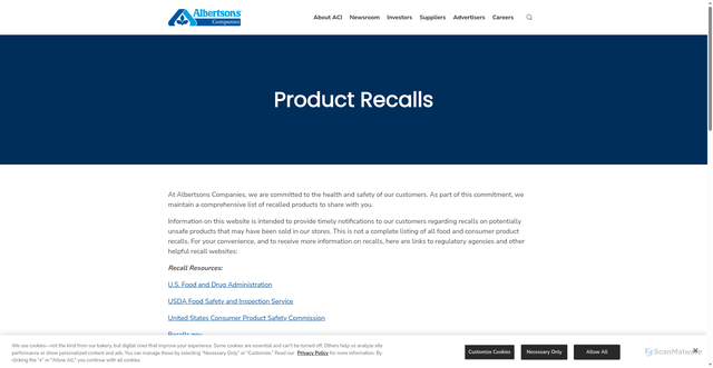 Security scan screenshot of https://www.albertsonscompanies.com/policies-and-disclosures/product-recalls/default.aspx