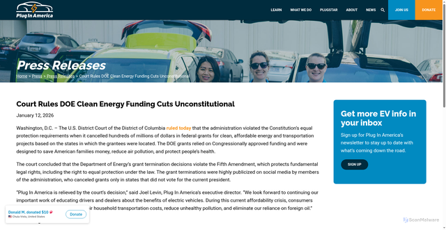Security scan screenshot of https://pluginamerica.org/press-release/court-rules-doe-clean-energy-funding-cuts-unconstitutional/