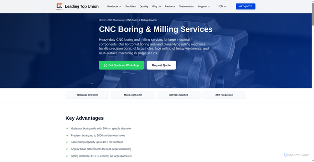 Security scan screenshot of https://leadingtopunion.com/cnc-machining/cnc-boring-milling.html