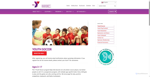 Security scan screenshot of https://fcymca.org/youth_sports/youth-soccer/