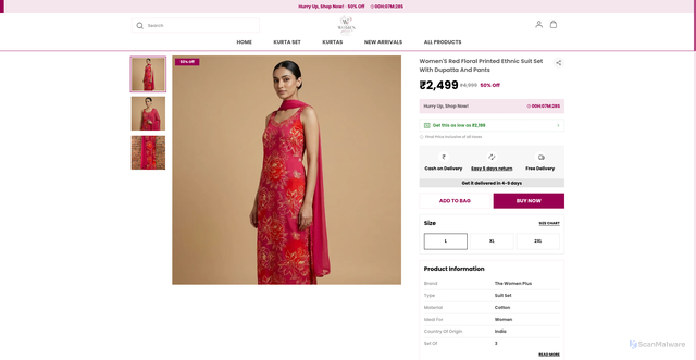 Security scan screenshot of https://thewomenplus.com/Womens-Red-Floral-Printed-Ethnic-Suit-Set-with-Dupatta-and/catalogue/bhQt5-6i/9KX4RzyO