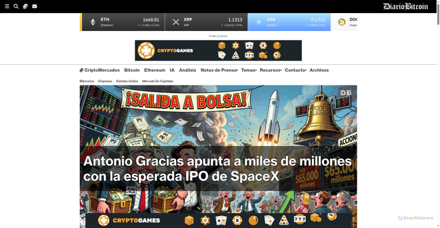 Security scan screenshot of https://www.diariobitcoin.com/estados-unidos/antonio-gracias-apunta-a-miles-de-millones-con-la-esperada-ipo-de-spacex/
