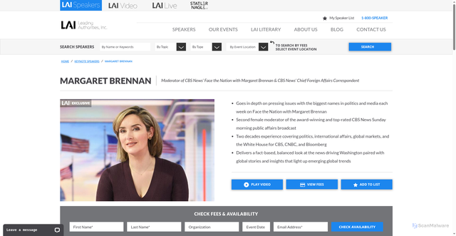 Security scan screenshot of https://www.leadingauthorities.com/speakers/margaret-brennan