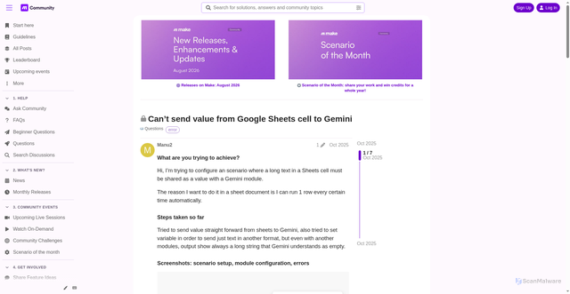 Security scan screenshot of https://community.make.com/t/cant-send-value-from-google-sheets-cell-to-gemini/95266/4