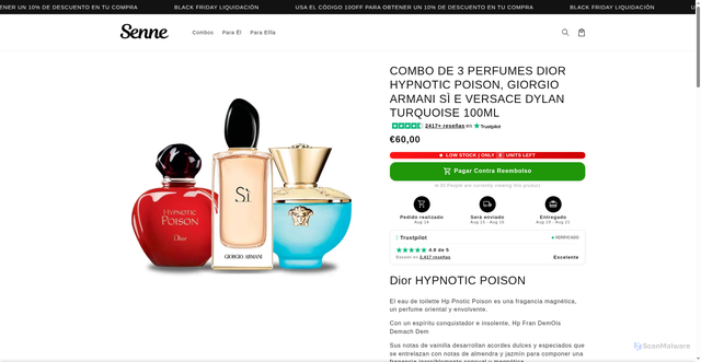 Security scan screenshot of https://seenee.site/products/pack-de-3-parfums-dior-hypnotic-poison-giorgio-armani-si-e-versace-dylan-turquoise-100ml
