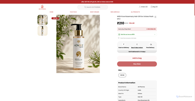 Security scan screenshot of https://aspharma.online/With-Pure-Rosemary-Hair-Oil-For-Unisex-Pack-Of-2/catalogue/JiPpWANH/l4yVjSCx