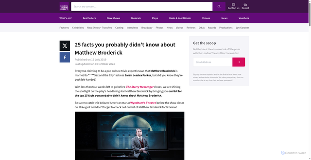 Security scan screenshot of https://www.londontheatredirect.com/news/25-facts-you-probably-didnt-know-about-matthew-broderick?srsltid=AfmBOoq7n0mIOyG4R7lCbLQDwvJtIqfk5nbIyUPkpfrDNkfDakEsDWi6