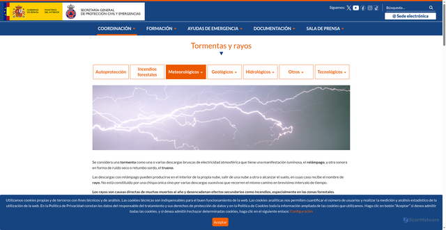 Security scan screenshot of https://www.proteccioncivil.es/coordinacion/gestion-de-riesgos/meterologicos/tormentas-y-rayos