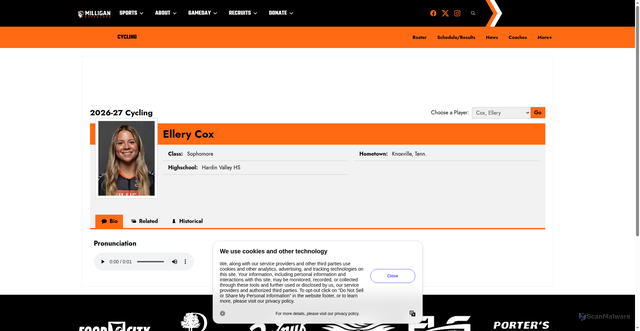 Security scan screenshot of https://milliganbuffs.com/sports/cycling/roster/ellery-cox/7629