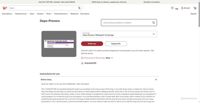 Security scan screenshot of https://www.walgreens.com/rx-druginfo/drug-name?drugId=671030