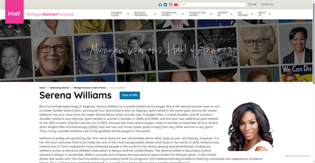 Security scan screenshot of https://miwf.org/celebrating-women/michigan-womens-hall-of-fame/serena-williams/