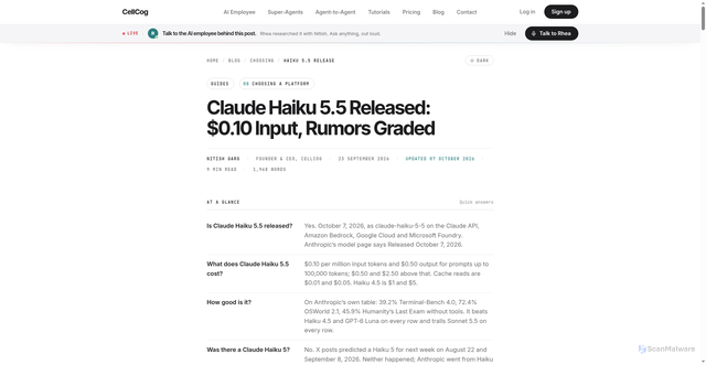 Security scan screenshot of https://cellcog.ai/blog/claude-haiku-5-5-release-date/