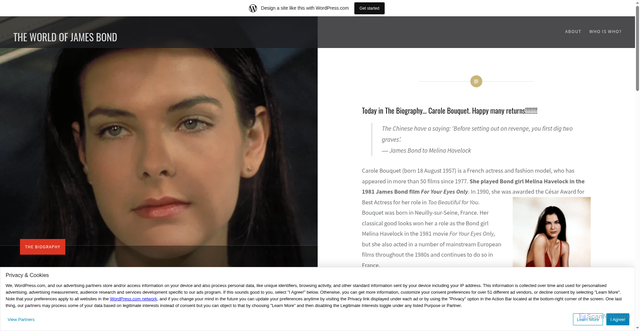Security scan screenshot of https://theworldofjamesbondblog.wordpress.com/2016/08/18/the-biography-carole-bouquet/