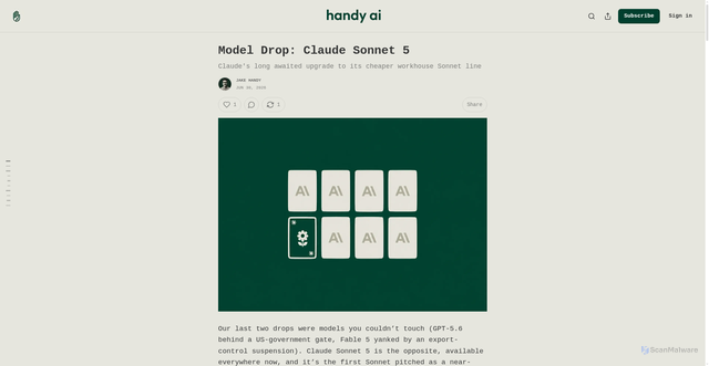 Security scan screenshot of https://handyai.substack.com/p/model-drop-claude-sonnet-5