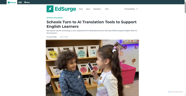 Security scan screenshot of https://www.edsurge.com/news/2025-11-10-schools-turn-to-ai-translation-tools-to-support-english-learners