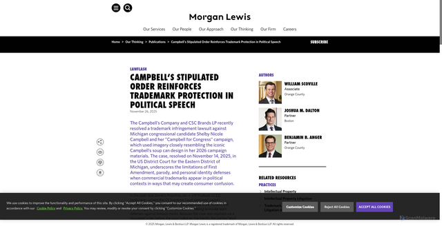 Security scan screenshot of https://www.morganlewis.com/pubs/2025/11/campbells-stipulated-order-reinforces-trademark-protection-in-political-speech