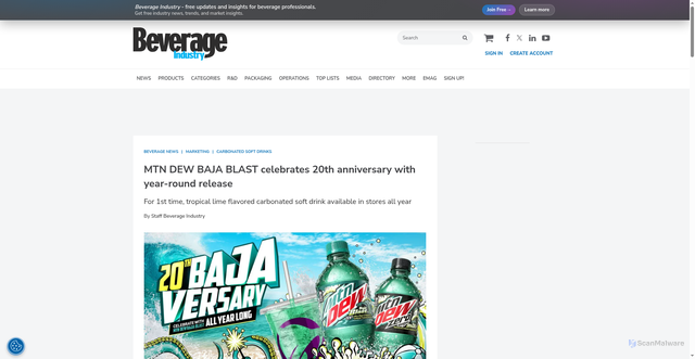 Security scan screenshot of https://www.bevindustry.com/articles/96320-mtn-dew-baja-blast-celebrates-20th-anniversary-with-year-round-release