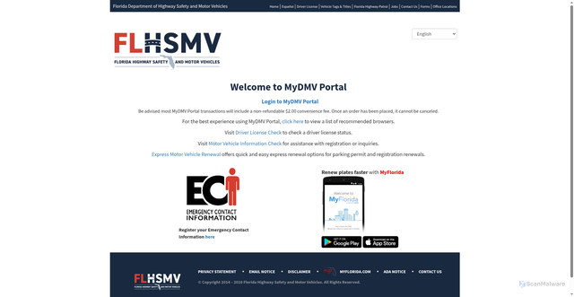 Security scan screenshot of https://mydmvportal.flhsmv.gov/