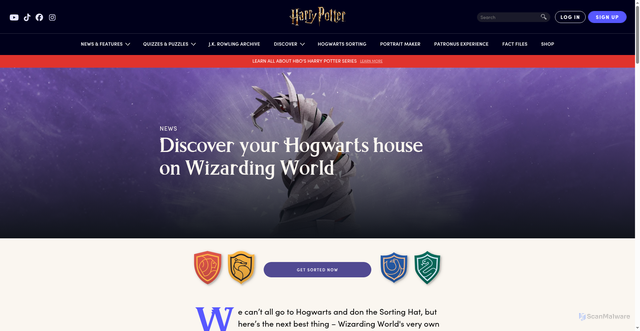 Security scan screenshot of https://www.harrypotter.com/news/discover-your-hogwarts-house-on-wizarding-world