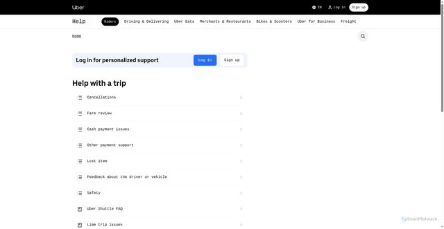 Security scan screenshot of https://help.uber.com/en/riders/section/help-with-a-trip?nodeId=595d429d-21e4-4c75-b422-72affa33c5c8