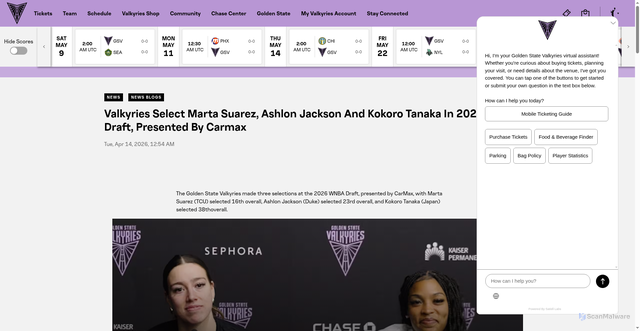 Security scan screenshot of https://valkyries.wnba.com/news/valkyries-draft-results-2026