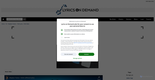 Security scan screenshot of https://lyricsondemand.com/meghan_trainor/roll/video