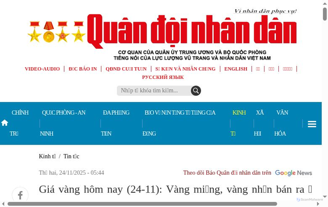 Security scan screenshot of https://www.qdnd.vn/kinh-te/tin-tuc/gia-vang-hom-nay-24-11-vang-mieng-vang-nhan-ban-ra-o-muc-cao-1013480