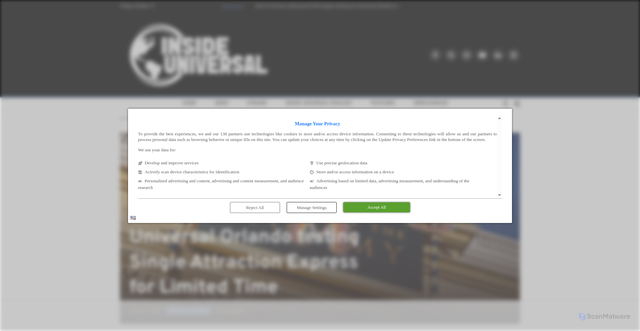 Security scan screenshot of https://www.insideuniversal.net/2025/10/universal-orlando-testing-single-attraction-express-for-limited-time/