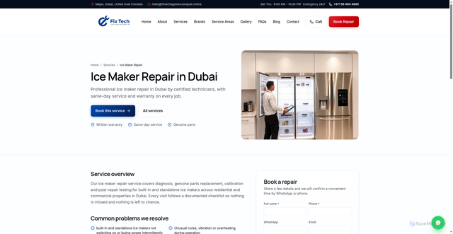 Security scan screenshot of https://fixtechappliancesrepair.online/services/ice-maker-repair