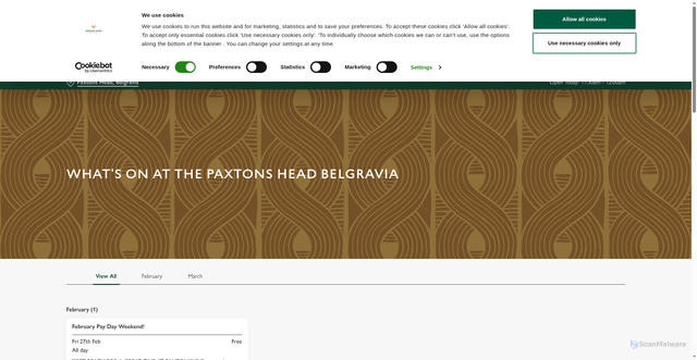 Security scan screenshot of https://www.greeneking.co.uk/pubs/greater-london/paxtons-head/whats-on?td_id=22f8501baf30b3bf9d0a3470fb6c334286c43d0f92e3eb2d8a902009f6742c23&utm_source=braze&utm_medium=email&utm_campaign=ht_2608_bau-email_core_peronibigweekend-spinthewheel-menuhighlight-email_slb&utm_keyword=email&utm_content=cta_whatson