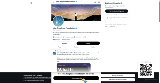 Security scan screenshot of https://x.com/templeton_fdn?utm_source=Receive+News+from+the+John+Templeton+Foundation&utm_campaign=ab9aa505f8-EMAIL_CAMPAIGN_2026_templetonideas_20260805&utm_medium=email&utm_term=0_-42837b4b08-97355777