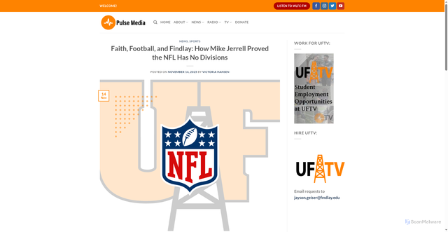 Security scan screenshot of https://pulse.findlay.edu/2025/sports/faith-football-and-findlay-how-mike-jerrell-proved-the-nfl-has-no-divisions/