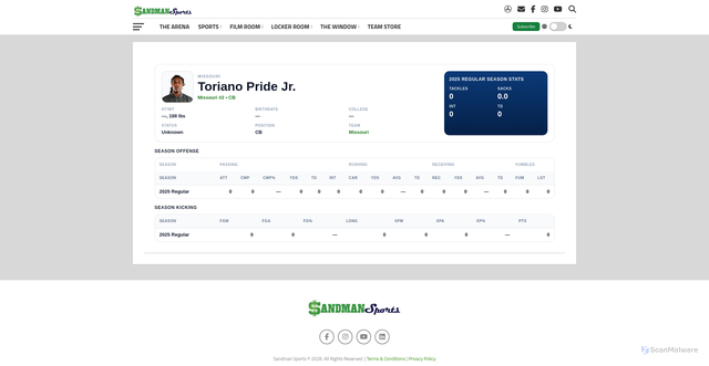 Security scan screenshot of https://entersandmansports.com/players/?player_id=15774&year=2025