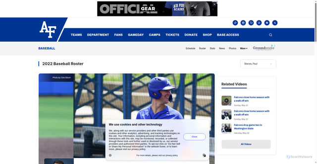 Security scan screenshot of https://goairforcefalcons.com/sports/baseball/roster/paul-skenes/11192
