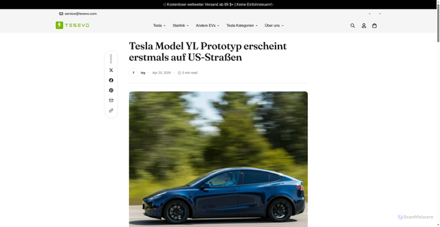 Security scan screenshot of https://www.tesevo.com/blogs/tesla-news/tesla-model-yl-prototype-makes-first-appearance-on-us-roads?srsltid=AfmBOoqGQ6S03WNIGq-acZts7WZq2H2Q5Krqmn3XZHqX1vOKqs2Eedwo