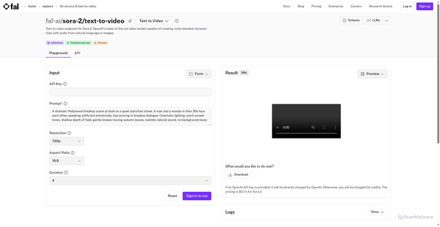Security scan screenshot of https://fal.ai/models/fal-ai/sora-2/text-to-video