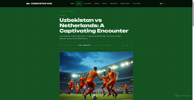 Security scan screenshot of https://uzbekistanfootballnews.com/en/news/o-zbekiston-va-niderlandiya-o-rtasida-ajoyib-bahs-dahb