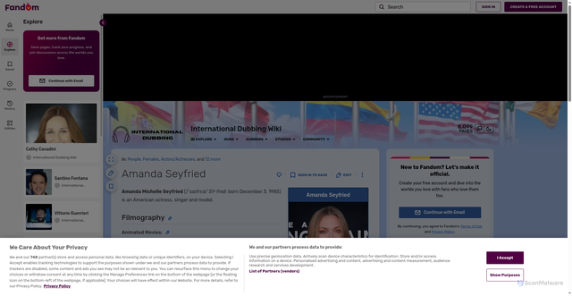 Security scan screenshot of https://international-dubbing.fandom.com/wiki/Amanda_Seyfried