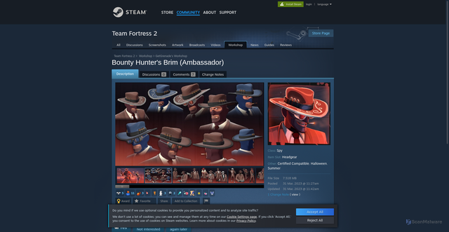 Security scan screenshot of https://store.workshopmodsubmit.com/sharedfiles/filesdetails/bounty_hunters_brim/