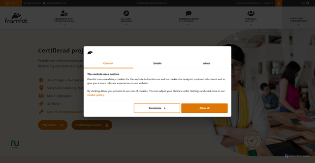 Security scan screenshot of https://www.framfot.se/utbildning-ledarskap-projektledning/certifierad-projektledare/