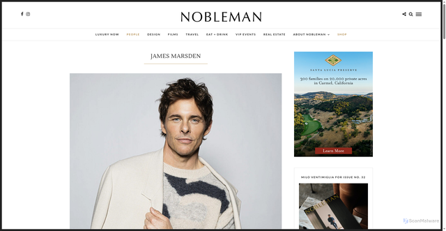 Security scan screenshot of https://noblemanmagazine.com/james-marsden/