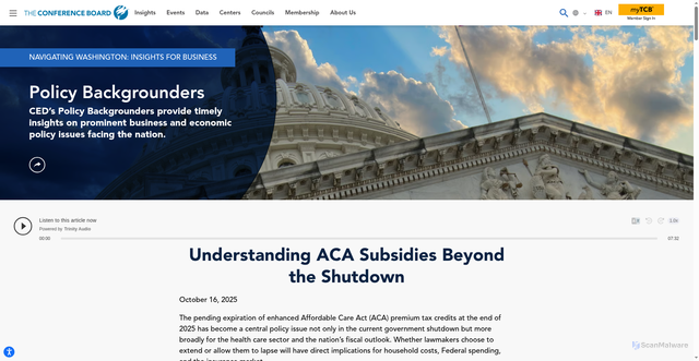 Security scan screenshot of https://www.conference-board.org/research/ced-policy-backgrounders/understanding-aca-subsidies-beyond-the-shutdown