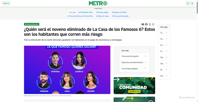Security scan screenshot of https://www.metro.pr/entretenimiento/2026/04/20/quien-sera-el-noveno-eliminado-de-la-casa-de-los-famosos-6-estos-son-los-habitantes-que-corren-mas-riesgo/