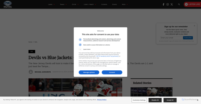 Security scan screenshot of https://foxsportsradionewjersey.com/2025/10/13/devils-vs-blue-jackets-odds-spread-and-total/