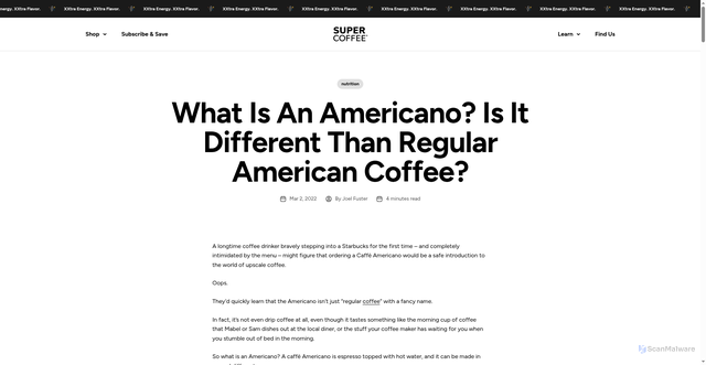 Security scan screenshot of https://www.drinksupercoffee.com/blogs/nutrition/what-is-an-americano?srsltid=AfmBOoolGRlsO_4ynDGrw9KkpoV6o21WwqWS913Rl-hePjuUNcV68yrF