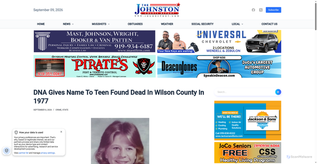 Security scan screenshot of https://jocoreport.com/dna-gives-name-to-teen-found-dead-in-wilson-county-in-1977/