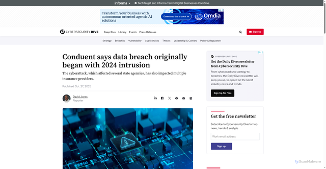 Security scan screenshot of https://www.cybersecuritydive.com/news/conduent-data-breach-began-2024-intrusion/803930/