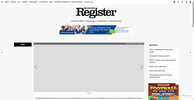 Security scan screenshot of https://sanduskyregister.com/news/639128/rocchio-naylor-power-5-run-8th-as-guardians-beat-tigers-6-1/