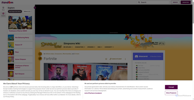 Security scan screenshot of https://simpsons.fandom.com/wiki/Fortnite