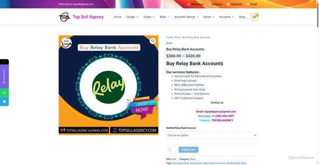 Security scan screenshot of https://topsellagency.com/product/buy-relay-bank-accounts/